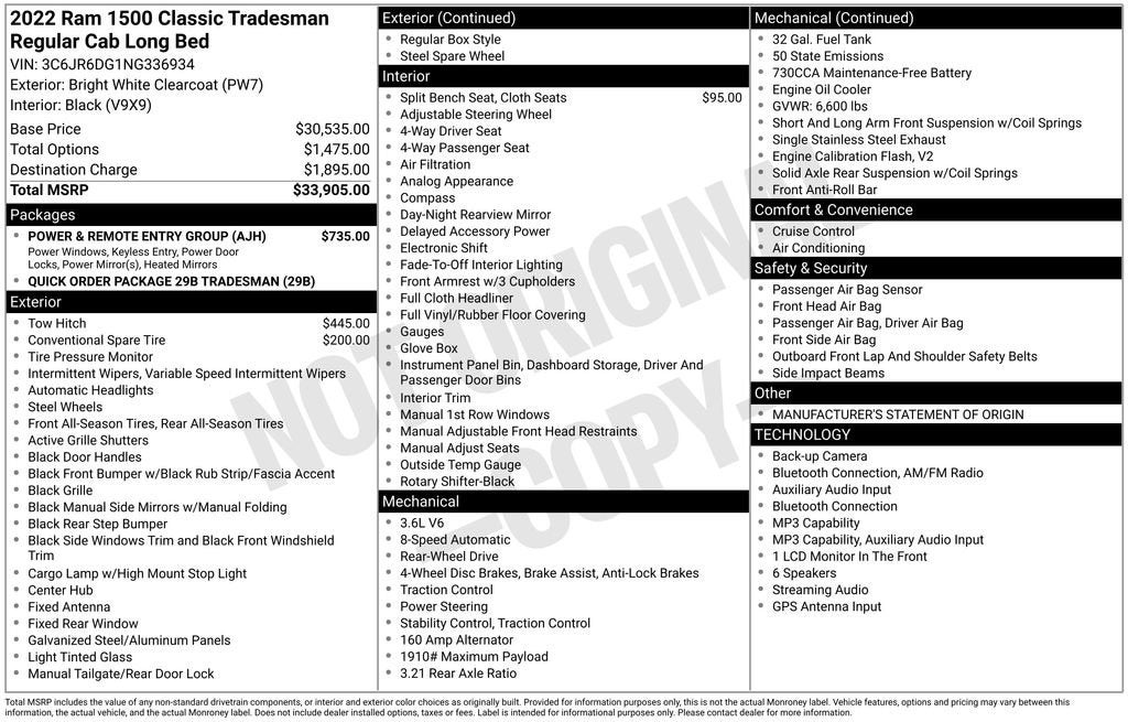 2022 RAM 1500 Classic Tradesman Regular Cab 4x2 8' Box